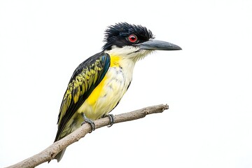 Striking close-up of a colorful bird with vibrant yellow plumage and red eyes perched on a tree branch against a clean white background