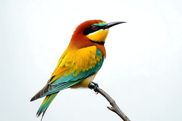 Vibrant European bee-eater bird perched on a branch, displaying brilliant yellow, orange, blue, and green plumage. Intricate details highlighted against a bright background, showcasing natural beauty