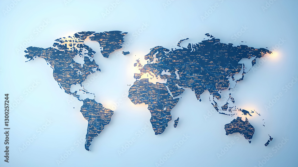 Poster pixelated world map with glowing lights on blue background illustrating global connectivity and tech
