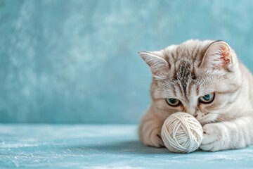 Adorable silver tabby cat with mesmerizing blue eyes gently batting a ball of cream yarn on a textured blue surface, showcasing its playful curiosity and domestic charm in a cozy indoor setting