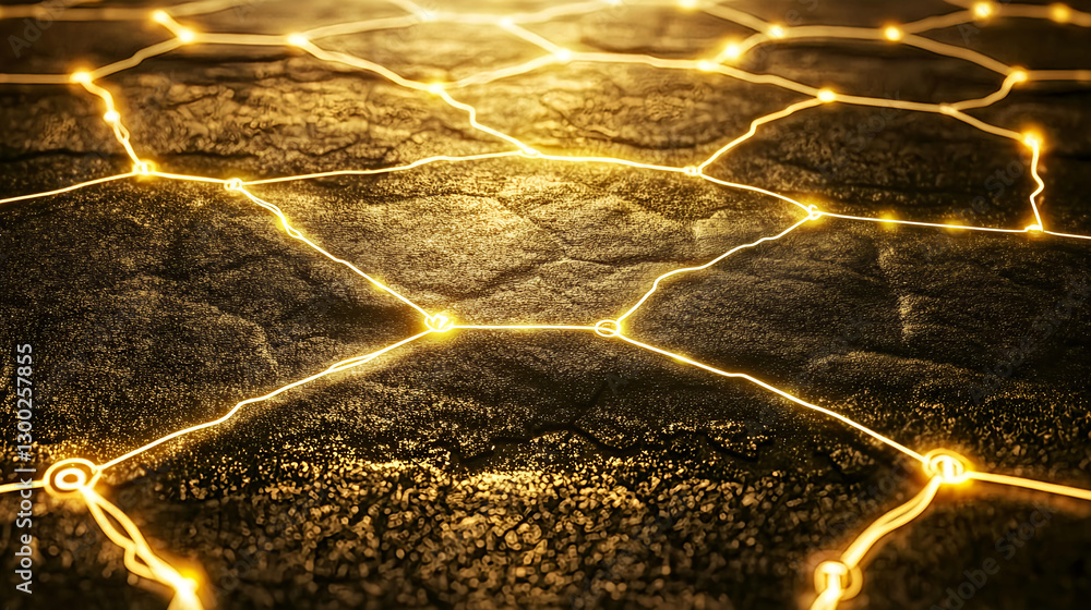 Aufkleber illuminated network patterns on cracked surface abstract art digital artwork dark environment close-