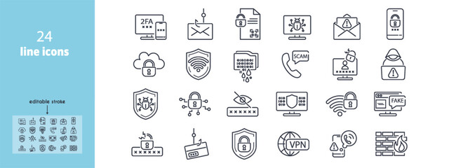 Cybersecurity line icon set. Data Protection, Encryption, Cloud Security, Malware, Data Leak, Compromised Password, Scam Call, Fake Website, Digital Signature vector illustration. Editable Strokes