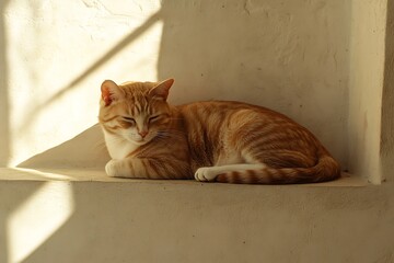 A serene ginger tabby cat, bathed in warm golden sunlight, peacefully rests on a sun-drenched white ledge, enjoying a tranquil afternoon nap with gentle shadows