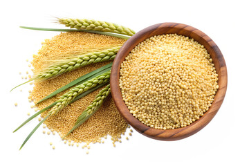 millet in wooden bowl with green spikelets isolate isolated on transparent background png