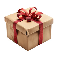 Obraz premium A neatly wrapped square gift box in brown paper, adorned with a shiny red ribbon and bow on top, against a white background.