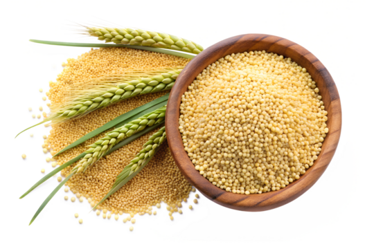 millet in wooden bowl with green spikelets isolate isolated on transparent background png