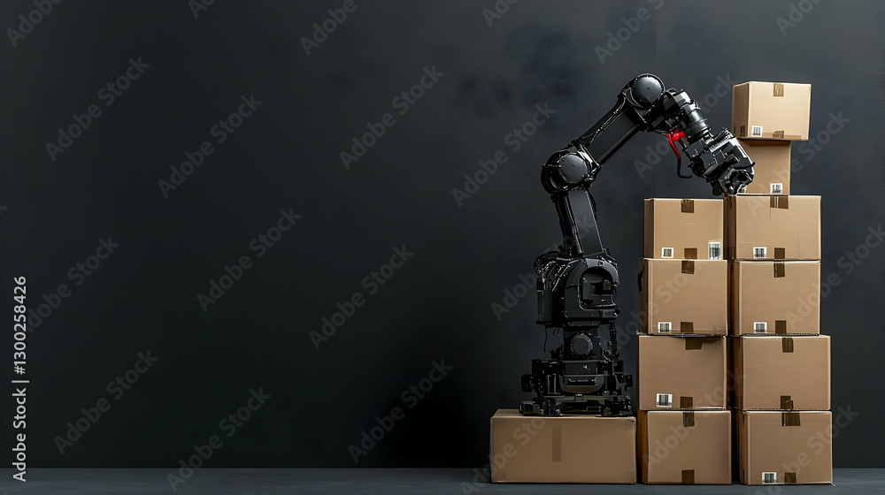 Aufkleber robotic arm stacking cardboard boxes against black background representing automation