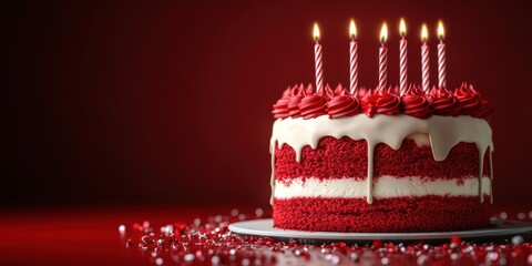 Celebrating with a delicious red velvet cake topped with candles on a festive red background