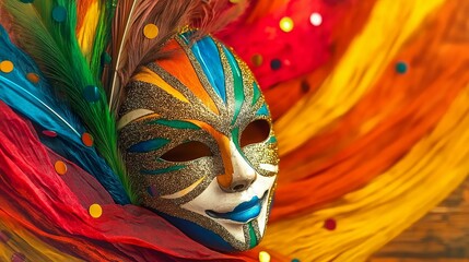  Vibrant Carnival Mask with Gold Glitter, Feathers, and Colorful Fabric for a Festive Celebration