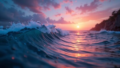 Fototapeta premium Serene Sunset Over Ocean Waves with Colorful Sky and Gentle Surf at Dusk