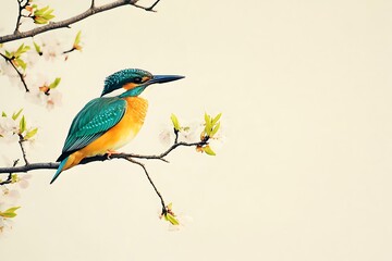 Vibrant Kingfisher Perched on a Blossoming Branch A Nature's Delight