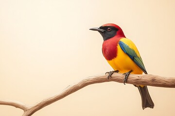 Vibrant colorful bird perched on a branch with a plain background, detailed plumage and sharp focus