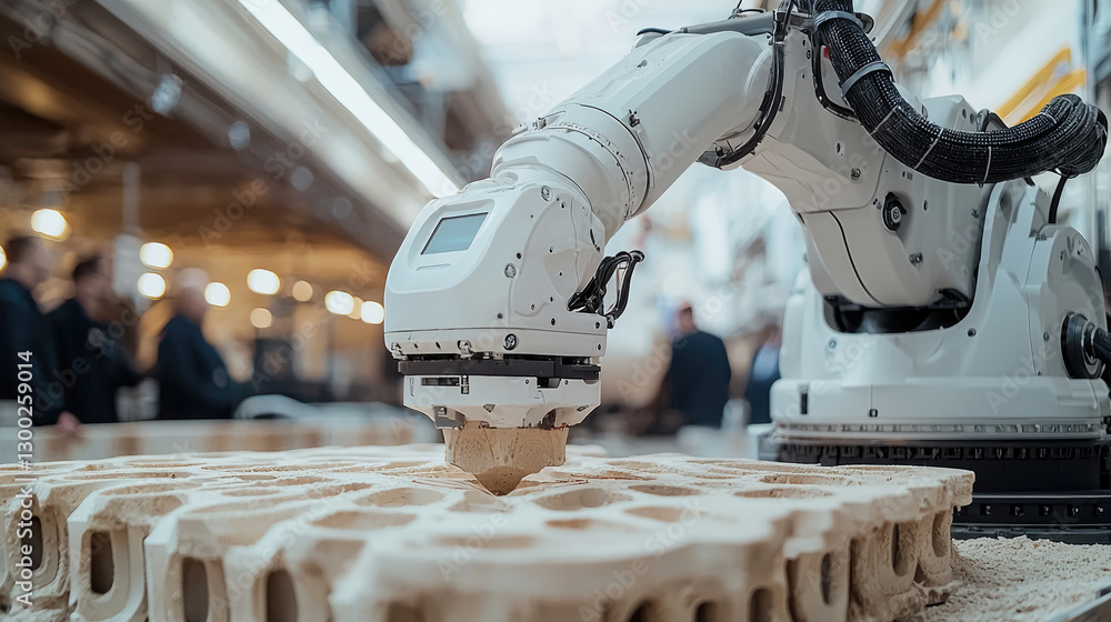 Aufkleber robotic arm using CNC technology to shape materials in workshop environment, showcasing precision and innovation in manufacturing