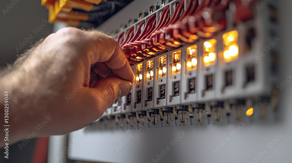 Aufkleber electrician hand adjusting circuit breakers in control panel, showcasing expertise and precision in 