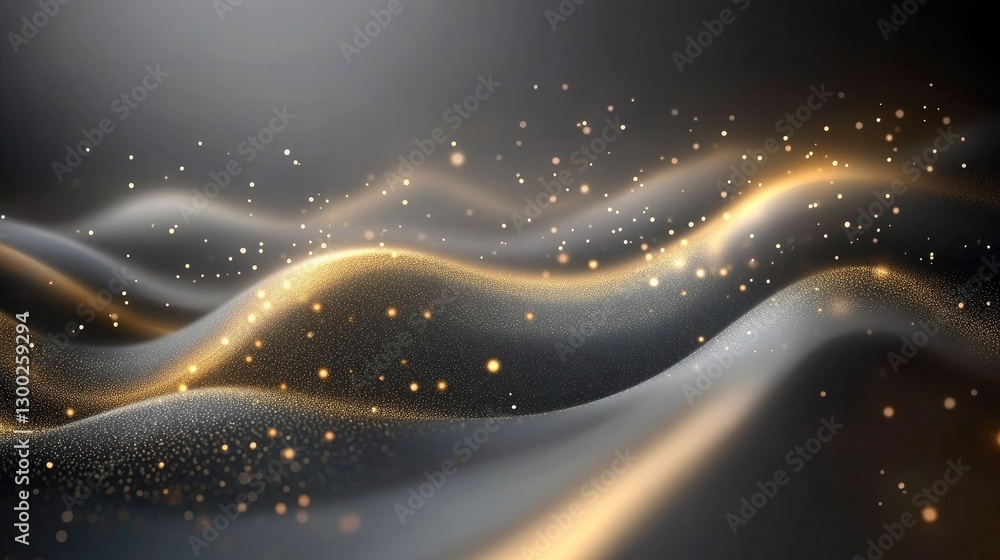 Poster abstract dark background with golden glitter waves and sparkling particles