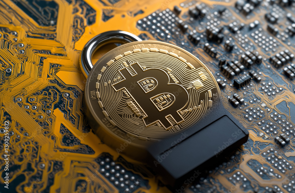 Poster a golden bitcoin coin is placed on top of an open padlock, against the backdrop of computer circuits