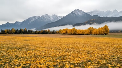 Golden Autumn Field and Snow-Capped Mountains Under a Cloudy Sky