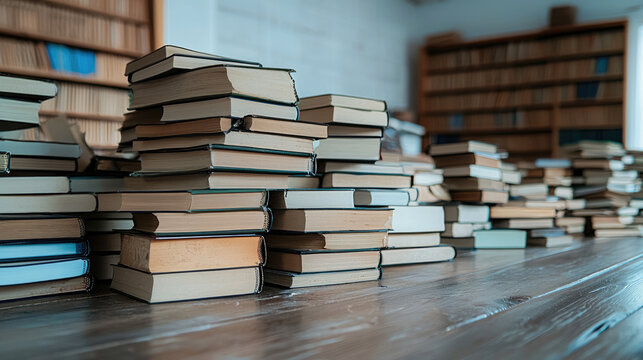 Stacks of books on wooden table in library, showcasing variety of colors and sizes, creating cozy and intellectual atmosphere