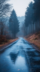 Obraz premium a photo of an empty road in the forest, with trees on both sides.