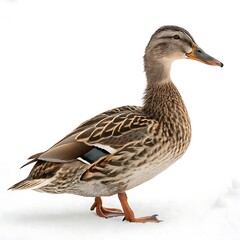 Obraz premium A white domestic duck standing gracefully on snow, captured in natural lighting with a soft and peaceful atmosphere