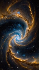 Cosmic Whirlpool Nebula. Blue and gold space dust swirl in spiral. Dark background with glowing stars and nebula clouds.
