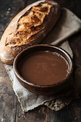 Bowl of chocolate milk with fresh French bread on a rustic wooden table