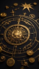 Obraz premium Gold Astrological Clock on Black. Intricate golden zodiac wheel with signs and symbols. Detailed vintage zodiac clock on dark surface.