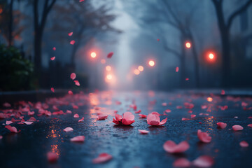 a photo of cherry blossom petals falling on the asphalt,
