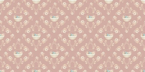 Pattern Easter seamless. Delicate flowers with Easter baskets on a pink background. For fabric, paper gift, textile, fashion design, home decor. Vintage style, retro, boho. 