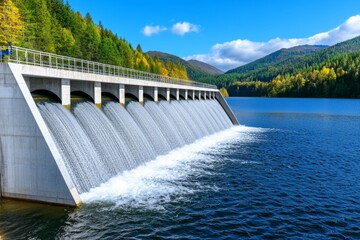 A stunning nighttime view of a dam, with bright lights illuminating the structure against the dark sky