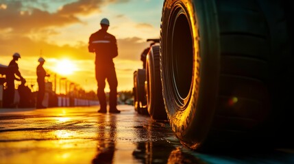 Crew Making Adjustments on Car at Sunset Lighting