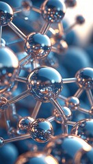 Close up of shiny sphere and connection rod model. Group of silver blue round shapes joined by bars. Structure concept of linked atoms and molecules