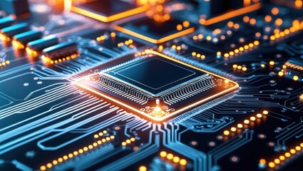 Obraz premium Blue circuit board with orange light. Computer chip closeup on electronic system, glowing connections and electric components shown.