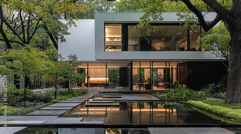 Poster modern architectural design featuring sleek house surrounded by lush greenery and tranquil water fea