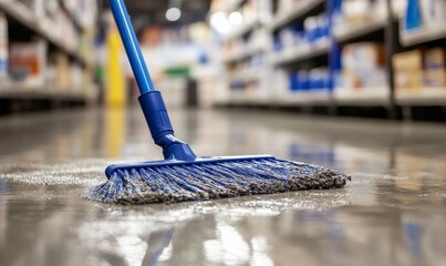 Blue mop cleaning a wet concrete floor in a store.