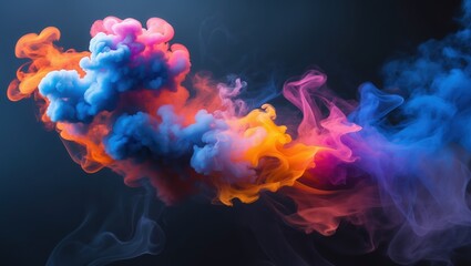Colorful Smoke Swirls on Dark Background. Blue orange pink clouds blend and drift as wisps of hazy smoke with soft colors create abstract pattern.