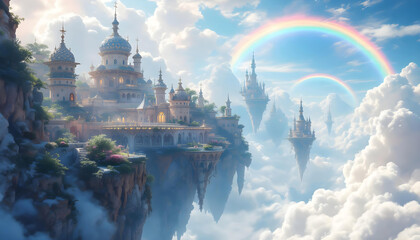 Fototapeta premium Floating Castles Above Cloudscape A Rainbow Arcs Overhead