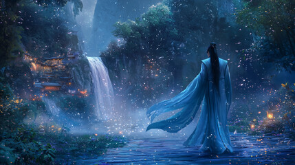 A legendary wuxia warrior walks gracefully through an ancient bamboo forest, his long robe flowing like water
