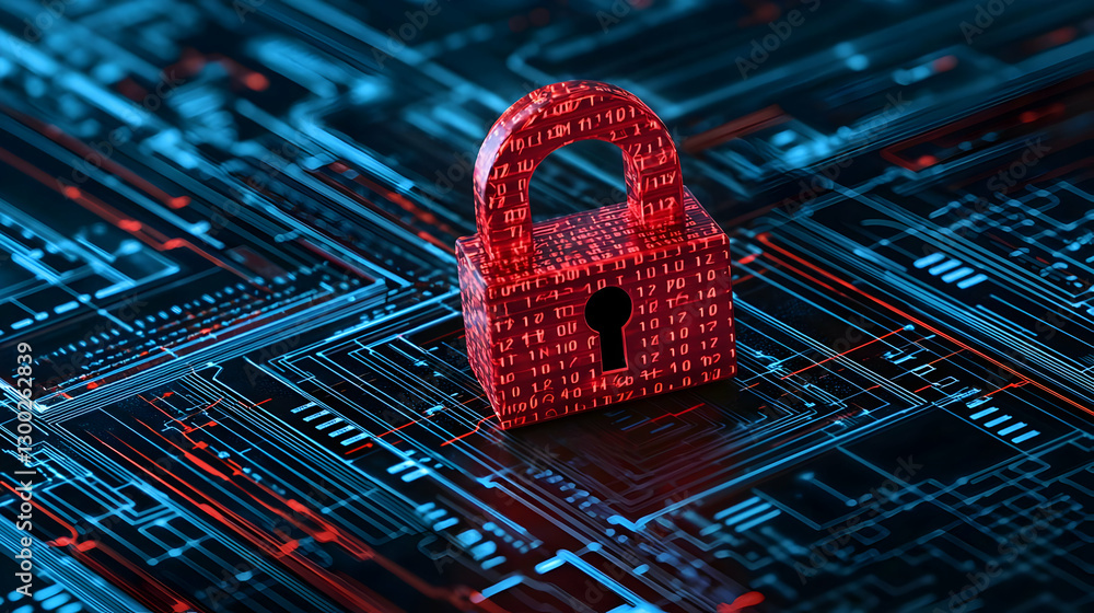 Poster red illuminated padlock over blue digital circuitry representing data security and online protection