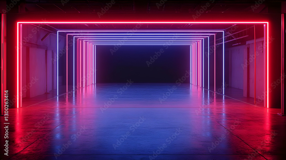 Poster neon illuminated tunnel with red and blue light reflection on wet concrete surface