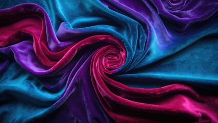 Obraz premium Swirling velvet fabric texture. Magenta purple and turquoise color cloth folds background. Textile material with spiral pattern.