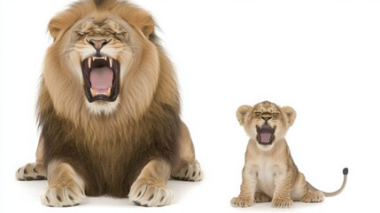 Obraz premium Lion and Cub Yawning Together in Playful Moment on White Background