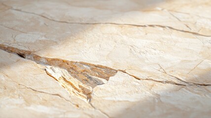 Close-up of beige cracked stone surface, showcasing natural textures and patterns in high detail.