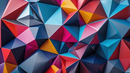 Obraz premium Colorful Geometric Pattern. Many vibrant triangles create abstract design. Colors include blue, red, pink, purple, and yellow in polygon style.