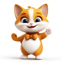 Cute cartoon kitten waves hello on white