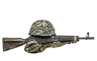 A Soldier Helmet Resting on a Rifle