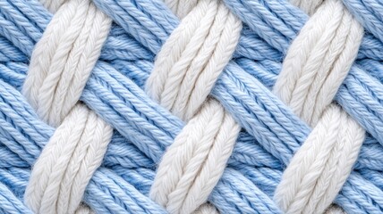 Close-up of blue and white intertwined ropes forming a textured pattern. Perfect for backgrounds and graphic design.
