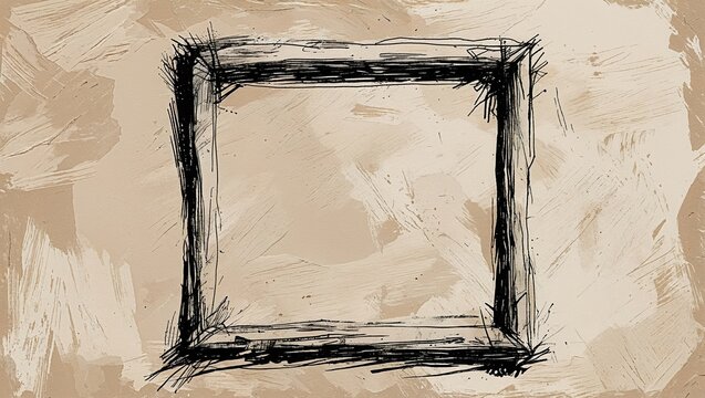 Ink sketch of square frame on beige painted background. Rough black lines form simple border. Empty central space inside frame for text or image.