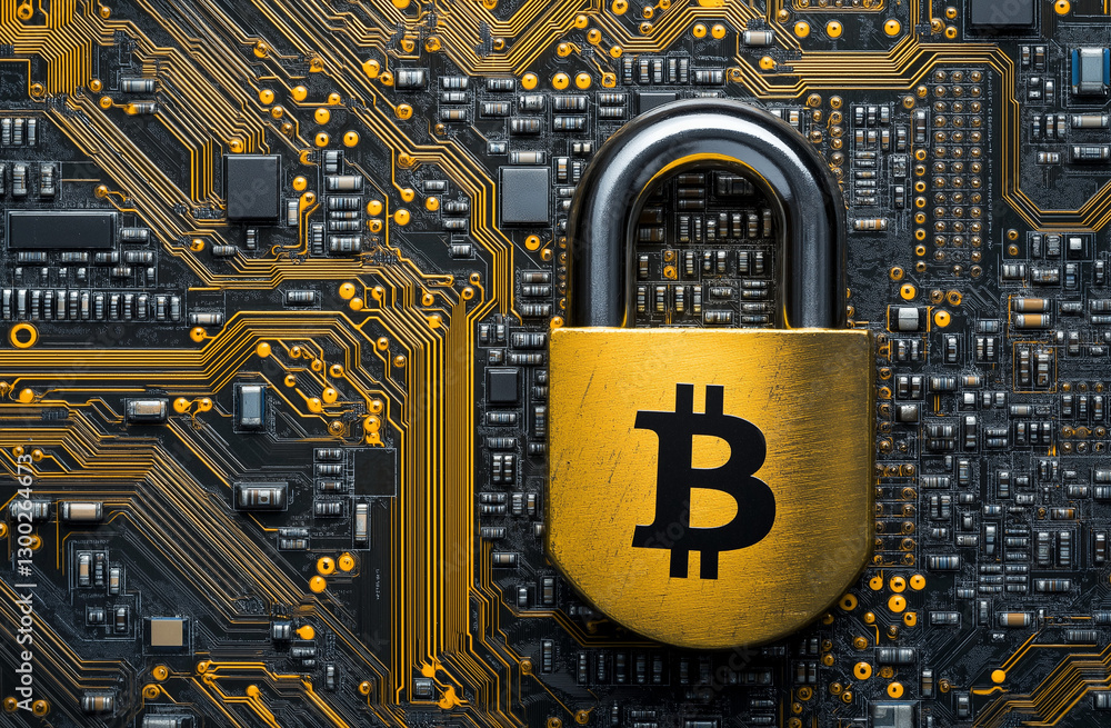 Poster a golden bitcoin coin is placed on top of an open padlock, against the backdrop of computer circuits
