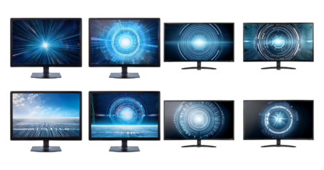 Multiple Modern Computer Monitors Displaying Dynamic Technology Visuals, Bundle Set Collection, Isolated on Transparent Background